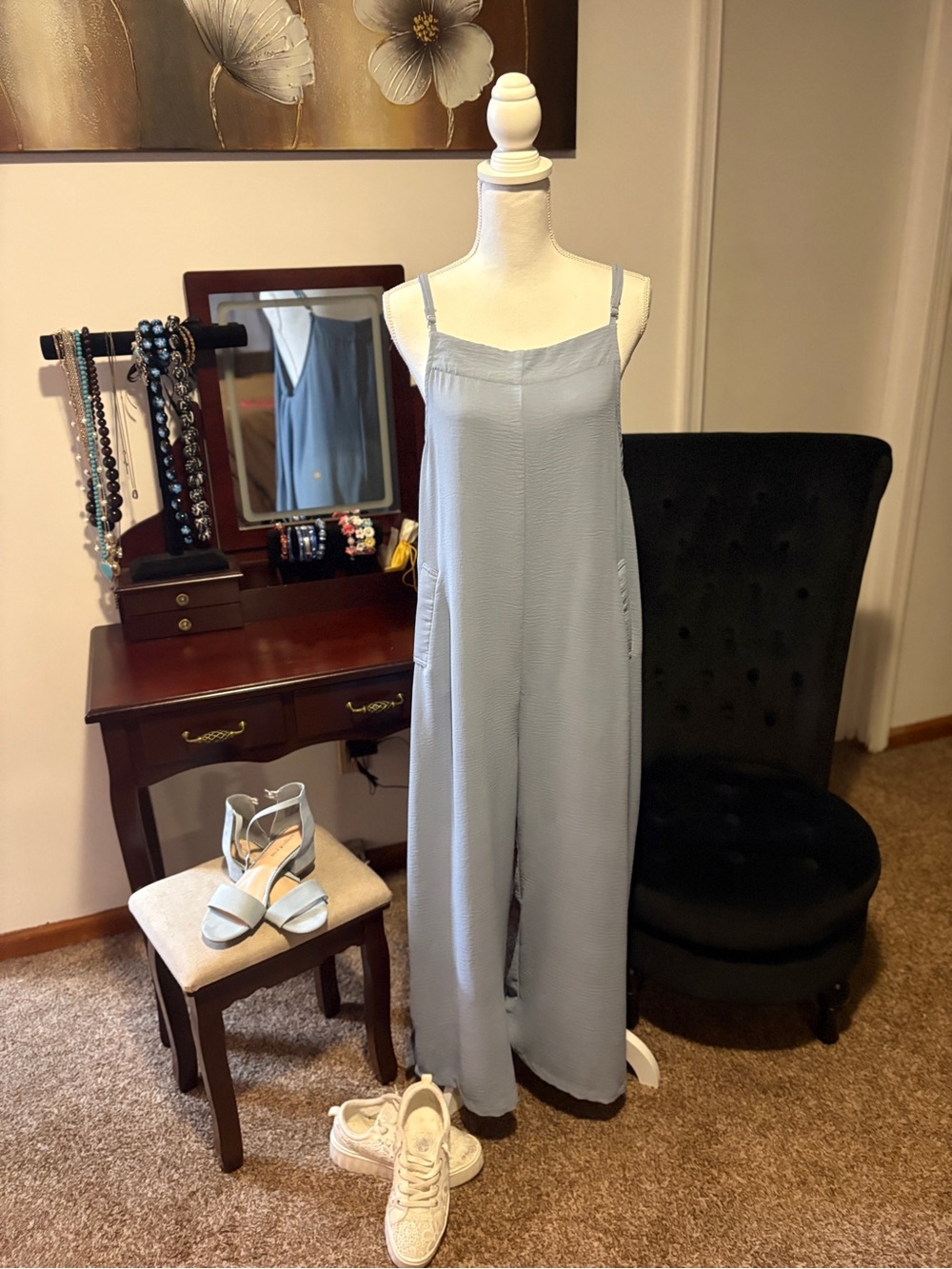 (EUC) Dusty Blue Adjustable-Strap Jumpsuit with Pockets. 📦#Ready2Ship